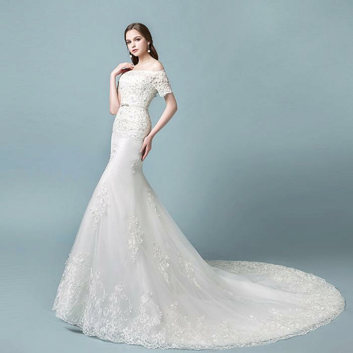 楽天市場】ウェディングドレス 半袖 マーメイドドレス 結婚式 