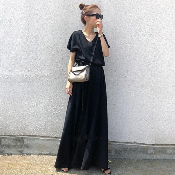 楽天市場 ワンピース カジュアル 半袖 夏 ワンピース レディース ロングワンピース Vネック きれいめ ゆったり マキシ丈 ロング シンプル マキシ丈 ワンピース Aライン エレガント 無地 着痩せ プレゼント 夏 ブラック 黒 代 30代 40代 送料無料 渋谷ウイングス