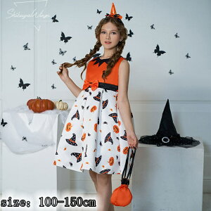 ハロウィン仮装 2点セット HALLOWEEN かぼちゃ柄 ハロウィン衣装 ワンピース 魔女 キャンディー コスプレ衣装 キャンディー袋付き コスプレ キッズ 女の子 コスチューム 子供用 衣装 魔法使い