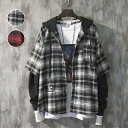 レッド ブラック【M/L/XL/XXL/XXXL】 シャツ メンズ 長袖 カジュアルシャツ フード付き 開襟 大きいサイズ トップス 男性 通勤 通学 春 秋 冬 通年 秋物 秋服 軽い プレゼント ギフト リラックス シンプル チェック フェイクレイヤード 重ね着風 ストリート パーカー