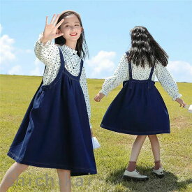 「スーパーSALE10%OFF」 子供服 セットアップ キッズ 2点セット 女の子 長袖 春秋 上下セット ブラウス デニム ワンピース チュール キャミソール お姫様 ジュニア おしゃれ 可愛い カジュアル 新品 150cm ホワイトデー