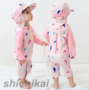 ベビー水着 女の子 男の子 ワンピース ショートパンツ 帽子付き UVガード ピンク かわいい子供用 スクール水着