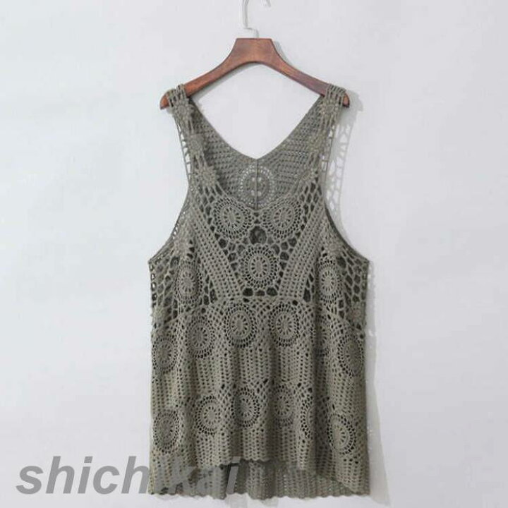 レース編み チュニック 透かし編み 可愛い ベスト キャミソール 綿 ワンピース ロング丈 重ね着 透かし編み THOM WILLS ロングキャミソールSET透かし編みニットワンピース [E3017] - レディースファッション通販 神戸レタス【公式サイト】