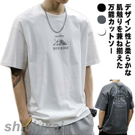 tシャツ メンズ アメカジ 半袖 丸首 バックプリント 古着風 レトロ カットソー トップス 山 英字 プリント ストリート カジュアル 大人 オーバーサイズ 大きいサイズ グレー 白 黒 かっこいい