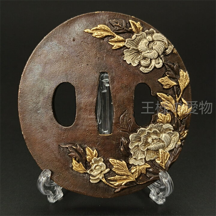 楽天市場】日本刀装具 牡丹の図 刀鍔 銅地 細工 絵金銀 鍔 刀の鍔 ツバ 