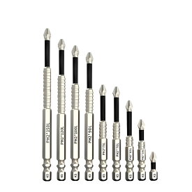 磁気ドライバービット 9本セット 強力磁気吸着 耐衝撃 S2合金鋼 HRC62硬度 インパクト対応 電動工具用 六角軸 (25-150mm/PH2&PZ2対応) 高精密 滑り止め加工 工業級