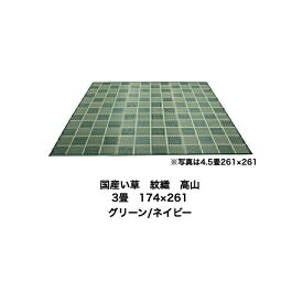 国産い草　紋織　高山　3畳　174×261 グリーン/ネイビー絨毯　ござ　ラグ