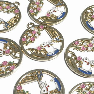 うさぎ エポチャーム ラウンド ライトゴールド 桜 ウサギ サクラ リボン 和風 ホワイト ピンク カラーチャーム ラビット 和モチーフ パーツ ハンドメイト