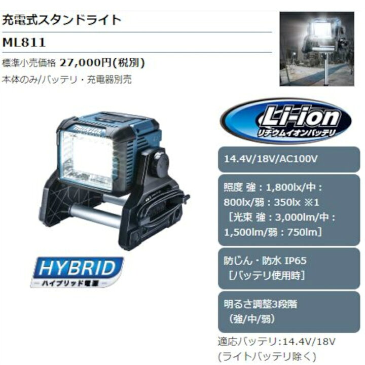 楽天市場】マキタ ML811 充電式LEDスタンドライト(IP65対応 防じん 