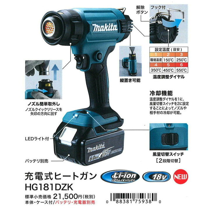 楽天市場】マキタ HG181DZK 充電式ヒートガン 18V 本体のみ・ケース付 
