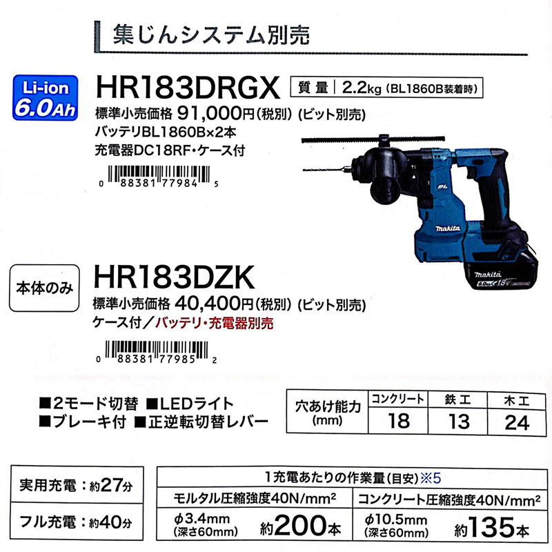 【マキタ HR183DZK 18mm充電式ハンマドリル 18V 本体のみ・ケース付(充電器・バッテリー別売) (SDSプラスシャンク)コードレス  島道具