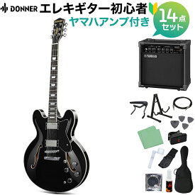 Donner DJP-1000 Black エレキギター初心者14点セット 【ヤマハアンプ付き】 セミアコ セミホロウ ブラック 黒 ドナー