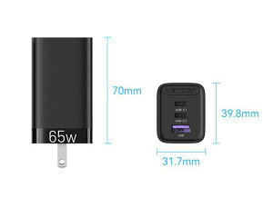 VENTION 3-port USB(C+C+A) GaN Charger(65W/30W/30W) JP-Plug Black xV FE-8609