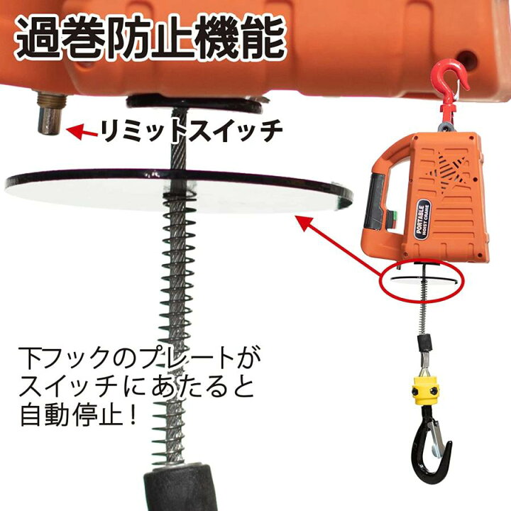 電動ウインチ 電動ホイスト 小型クレーン 巻き上げ機 吊り上げ能力100kg 1500W ワイヤレスリモコン制御 ワイヤ制御 100KGリフト