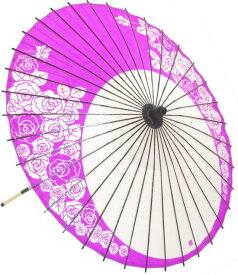紙傘　バラ　赤紫（2本柄）持ち運びに便利な継ぎ柄！お稽古はもちろん本番にも使えます。文化祭・大道芸・コスプレの小道具としても最適！【舞台・ステージ　舞傘・撮影・小道具】舞踊傘・舞踊小道具　和傘