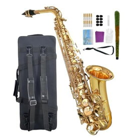 WUQIMUSCアルトサックス初心者キット大人用学生サクソフォンEbプロフェッショナル真鍮サックス楽器サックスケースマウスピースリード手袋クリーニングクロス&ブラシ(ゴールド)