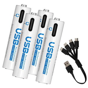 MoSpace �P4�` USB�[�d���[�d�r ���`�E���C�I���d�r �P�l�d�r AAA�Z�� ��i1.5V 900mWh(600mAh) ��1000��J��Ԃ��[�d USB-C�[�d PSE�F�؍ς� 4-in-1 USB-C�[�d�P�[�u���t�� 4�{�Z�b�g