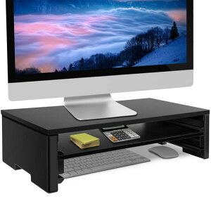 EAYHMモニター台二段式机上台木製面板42.5x23.5CMPCキーボード收?ラックパソコンスタンドプリンター台