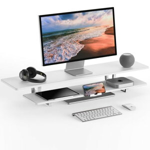 Doowiitモニター台白卓上2段収納モニタースタンド幅95cmの大型サイズ机上台安定性PC台パソコン台pcキーボード収納プリンタ液晶モニター台木製パソコンラック(白)