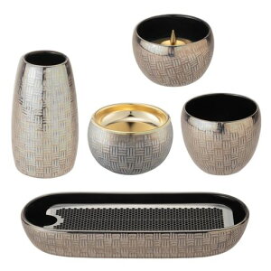 サンメニー和モダン仏具5点セット本格有田焼日本製インテリアに馴染むおしゃれお花ろうそく線香お茶ご飯現代仏壇お仏壇仏具小物篭市松模様シルバーフラワースタンドキャンドルスタ…