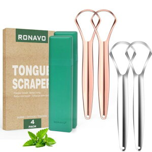 RONAVOTongueScraperforAdults(4PC)MetalTongueScraperRustproof(TravelCasesIncluded)ReduceBadBreathTounge