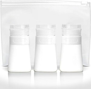 SAMURAIZ1トラベルボトル簡単詰め替えボトル60mlx3個セット【専用ポーチ付き柔らかいシリコン製シャンプーリンスボディーソープ化粧品】台形ホワイト