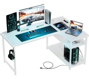 GTRACINGゲーミングデスクパソコンデスクL字カーボン調コンセント付きラック付きモニターアーム対応棚高さ調節可能配線穴右棚79奥行き*110幅*74.5高さDL001白系机pcデスク勉強机オフィスデス…