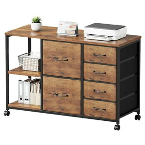 Maihailサイドキャビネットデスクワゴン布製袖机層板付きサイドワゴン6段A4対応プリンター台大容量キャスター付きデスク下収納ビンテージ+ビンテージ