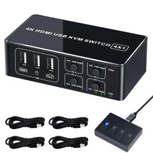 KVM�X�C�b�` 4K60Hz HDMI USB �ؑ֊� PC4��p 4����1�o�� �A���~�� ���j�^�[/�L�[�{�[�h/�}�E�X/�v�����^�����L �����[�g�؂�ւ��{�_�� USB�P�[�u���t�� �E�� �e�����[�N���� EHD-0610N