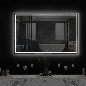 Sunrosaミラー鏡LED壁掛けスチールミラー/強化ガラス女優ミラー洗面台浴室くもり止め鏡おしゃれ三色調光&記憶機能曇り止め防湿明るさ調節可能美容室/バスルーム/リビングルーム/寝室に適…