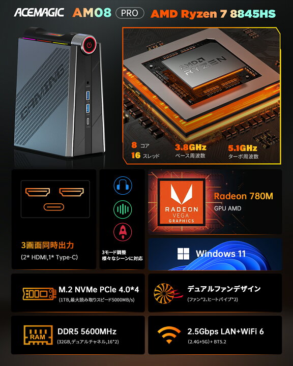 楽天市場】ACEMAGIC ミニpc AI Ryzen 7 8845HS mini pc 32GB DDR5-5600 