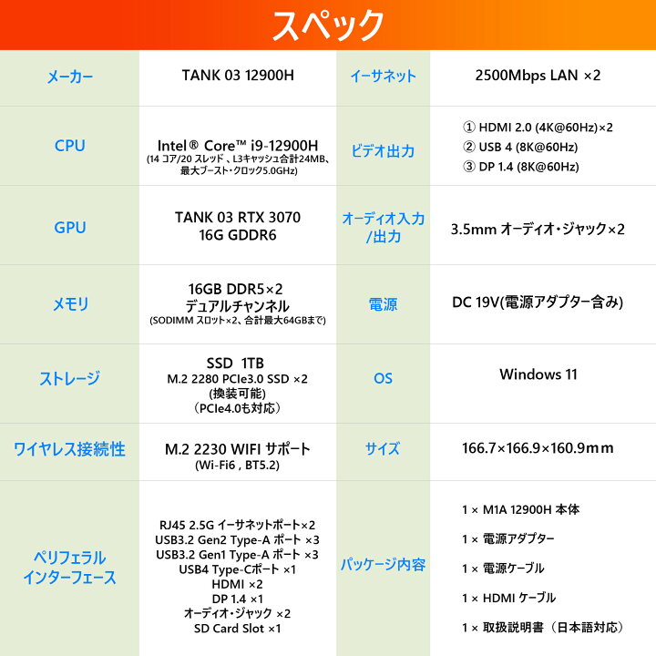 楽天市場】【第12世代 Intel core i9 12900H 】ミニPC 高性能 RTX3070 