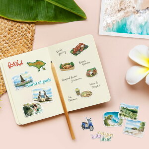 Navy Peony Spiritual Bali Travel Stickers (29pcs) - Watercolor, Indonesia Balinese-Themed Vacation Decals for Journals, Scrapbooks, Water Bottles