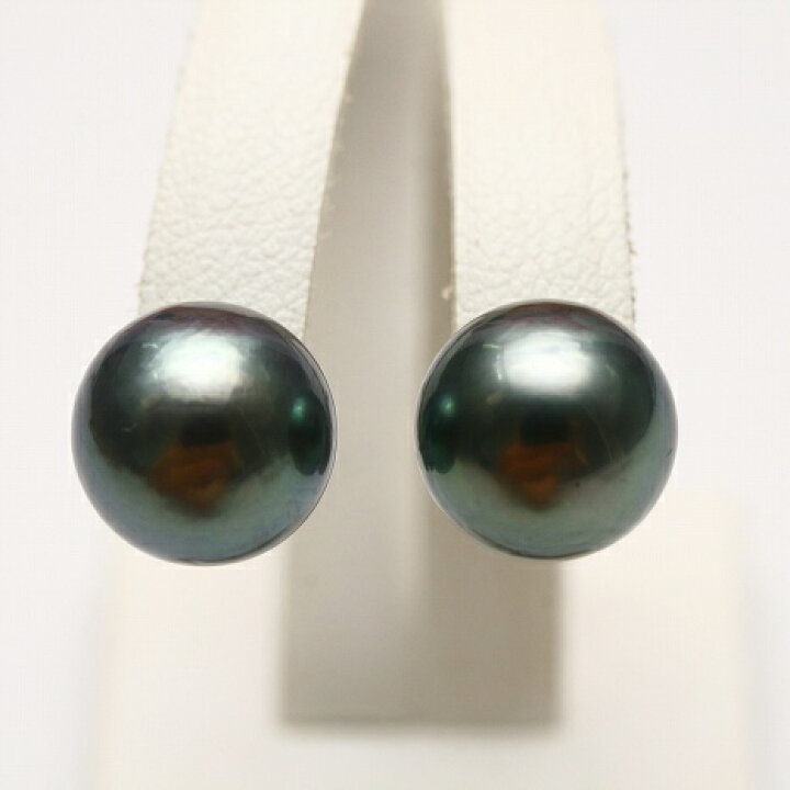 タヒチ黒蝶真珠パールピアス 13mm グリーングレーカラー K14WG製 