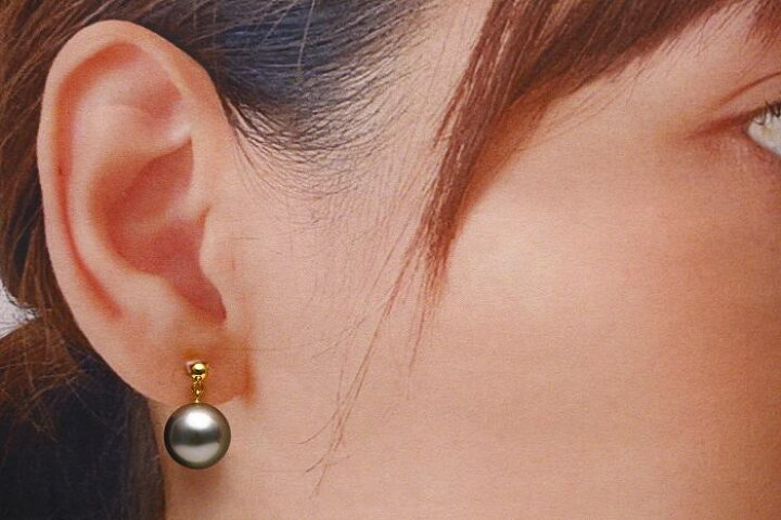 楽天市場】タヒチ黒蝶真珠パールピアス 10mm グリーンカラー K18製  