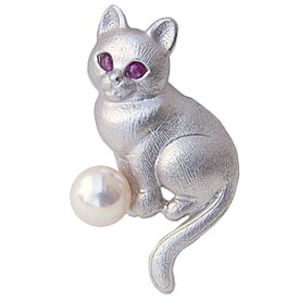 猫 ネコ キャット ピンズ ピンブローチ ラペルピン パール ブローチ 真珠ブローチ アコヤ あこや 本真珠 6-6.5mm ルビー 送料無料 人気 おすすめ 即日発送 あす楽 父の日 プレゼント ギフト 自分買い