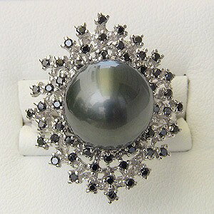 パール リング ユニセックス ジェンダーレス 真珠 指輪 タヒチ黒蝶真珠 グリーン系 ラウンド形 12mm ダイヤモンド ブラックパール ダイヤモンド 18金 k18 ホワイトゴールド 人気 プレゼント ギ