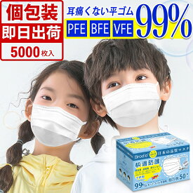 【日本国内検品 即日発送 】広耳 子供用マスク 不織布 小さめ 立体 個包装 5000枚(50枚×100箱) マスク 子供 使い捨てマスク 低学年 幼児 小学生 白 冬 夏用 キッズ 3層構造 マスク 女性用 小顔 耳痛くない ウイルス PM2.5 飛沫防止 花粉対策 防じん 抗菌通気 超快適防護