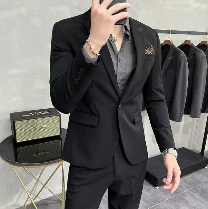 楽天市場 品質良い 格好いい メンズスーツ 2点セット 男性用 ビジネス セレモニースーツ フォーマル スリム パーティー スーツ 結婚式 紳士服 通勤 春秋冬 ステージ 衣装 入学式 卒業式 ジャケット パンツ 送料無料 一つボダンスーツ 2ピーススーツ 無地 灰色 黒 4色