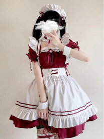 送料無料 コスプレ衣装 ハロウィーン メイド服 7点セット 可愛い ウェイトレス レディース 大人 ハロウィン コスチューム 半袖ワンピース フリル 蝶リボン カチューシャ付 お姫様 ロリータドレス