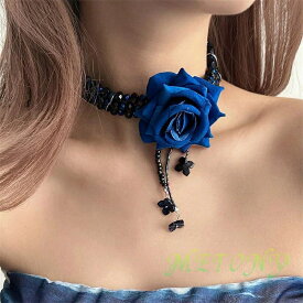 青い薔薇 ブルーのローズ 首輪 チョーカー ショットネックレス パンク PUNK ネック飾り 女らしい チェイン ベルトネックレス アクセサリー ロックファッションV系 ギャル ハロウィン コスプレ イベント