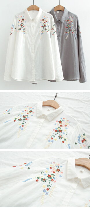 楽天市場】【送料無料】シャツ レディース 刺繍 花柄 おしゃれ 長袖 