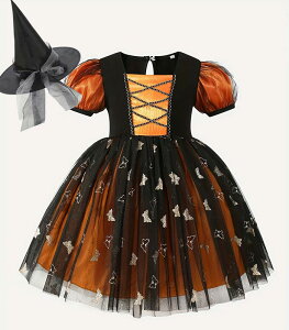 「送料無料」ハロウィン ワンピース カボチャ 魔法使い コスプレ衣装 ハロウィン コスプレ 子供 女の子 2点セット ワンピース 仮装 キッズ ドレス コスチューム 変装 子供 チュールワンピー