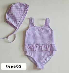 ベビー 水着 帽子付き 3types セパレート キャップ付き 子供 キッズ ベビー 女の子 水着 幼稚園 保育園 上下セット 子ども チェック柄 ラッシュガード 長袖 セパレート 子供 ジュニア 水着 子供