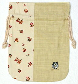 【日本製】　和風布物　縁起づくし小袋ふくろう巾着袋（きんちゃく）ベ−ジュ・ベ−ジュ色