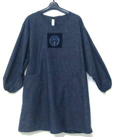 日本製　久留米織　和柄　手織り絣飾り上っ張り　かっぽう着　割烹着後ろ結び　綿100％　文人柄　紺色