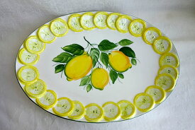 【送料無料】イタリア製　オーバルトレー　BIGレモン　プレート　皿　お皿　大皿バッサーノ陶器　47×34cm