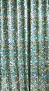 【1.5倍ヒダ】 オーダー カーテン 【送料無料】 高級 スペイン製 ヴィバルディ BL(水色) 鳥柄『ウィリアムモリス いちご泥棒』ブルー 水色 青 新築 マンション かけ替え 掛替