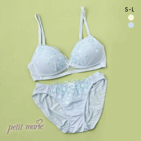 プチマリー petit marie WHITE プチフラワー刺繍 ノンワイヤー ブラジャー ショーツ セット レディース 全2色 S-L
