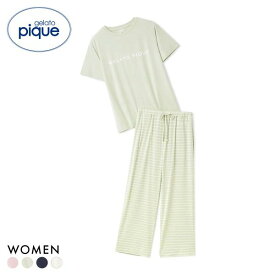 ジェラートピケ レディース レーヨンロゴTシャツ＆ボーダーロングパンツセット 上下セット ジェラピケ ルームウェア gelato pique 全4色 ギフト プレゼント セットアップ